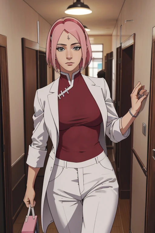 masterpiece, best quality, beautiful sakura haruno, pink hair,(cowboy shot),jewelry, earrings, (black skirt:1.2), wristwatch, (off-shoulder sweater), pencil skirt, collarbone, large breasts,(intricately detailed, hyperdetailed), blurry background,depth of field, best quality, masterpiece, intricate details, tonemapping, sharp focus, hyper detailed, trending on Artstation,1 girl, high res, official art