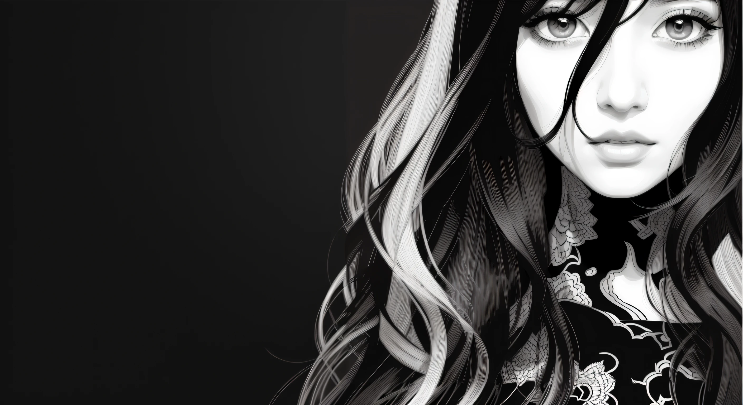 close up of woman with long hair and black and white photo, black & White Vector Graphics, gorgeous digital art, highly detailed vector art, detailed portrait of anime girl, Black and white manga style, beautiful gorgeous digital art, exquisite digital illustration, digital manga art, in style of digital illustration, beautiful digital illustration, great digital art with details