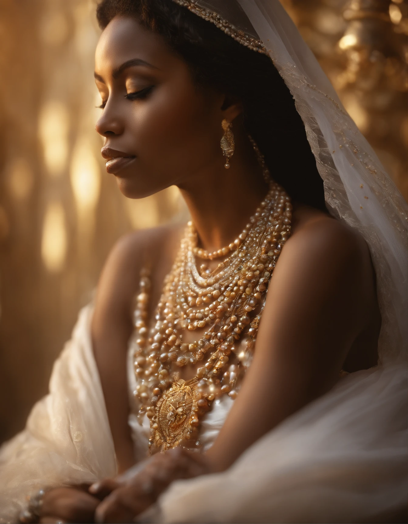 African heavenly Beautiful Sudanese woman, highly detailed face, pattern of colored stones and golden pearls portrait of a girl, pearl necklace, filigree, mother of pearl, hyper-detailed, veil, radiant, captivating, looking to the viewer, enchanting, reflective, magical, ethereal, shimmering, brilliant, intense, whimsical, thread-like, transparent, sparkle, diffused light, composed using the golden ratio, lighting by Vladimir Volegov and Steve Hanks, award, perfect composition, sun rays, smoke, Broken Glass effect, classic background, stunning, something that even doesn't exist, mythical being, energy, molecular, textures, iridescent and luminescent scales, breathtaking beauty, pure perfection, divine presence, unforgettable, impressive, breathtaking beauty, Volumetric light, auras, rays, vivid colors reflects, Miki Asai Macro photography, close-up, hyper detailed, trending on artstation, sharp focus, studio photo, intricate details, highly detailed, by greg rutkowski, in the style of shiny rhinestone crystals