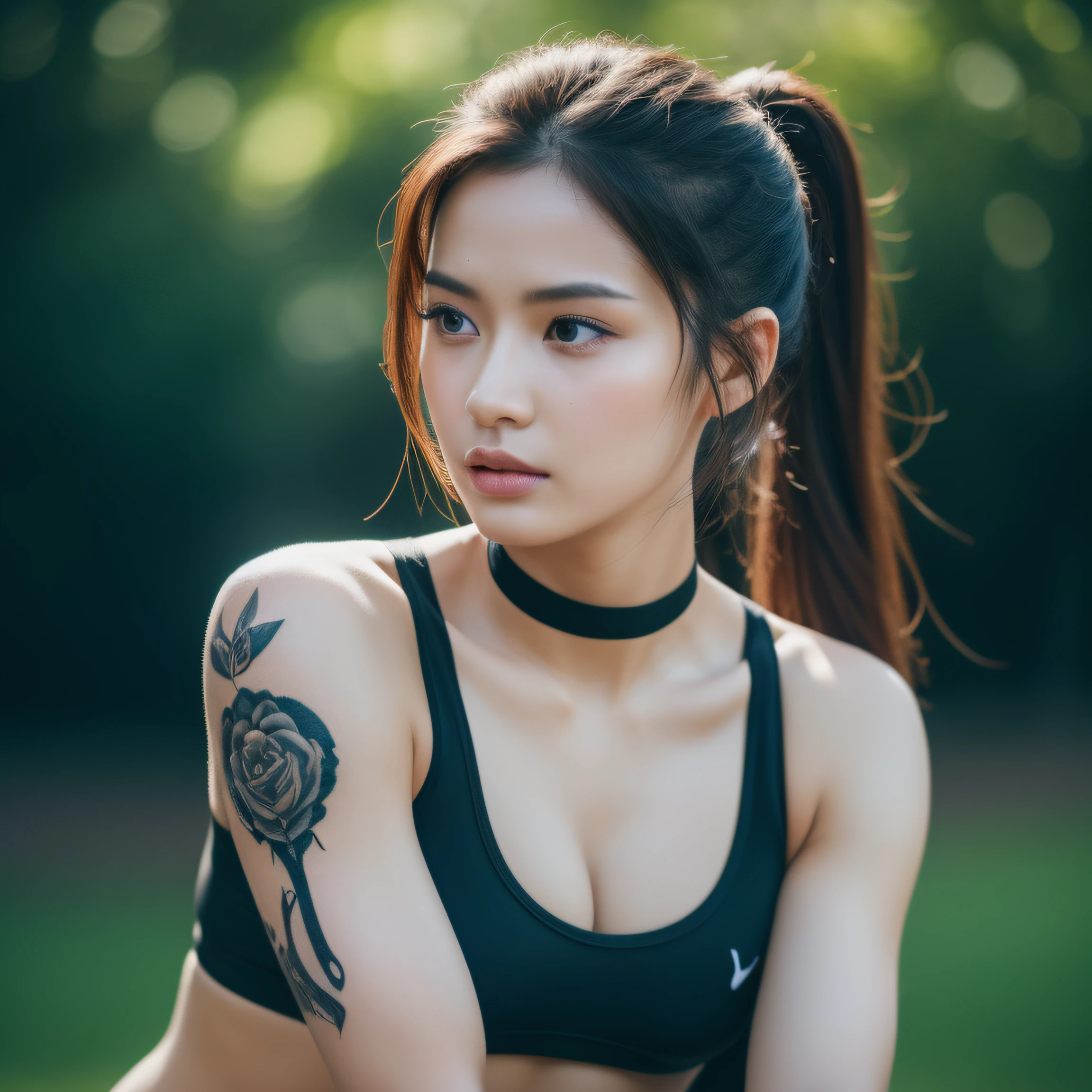 best quality, masterpiece, highres, 1girl, Beautiful face, photorealistic, 8k, UHD, long hair, ponytail, arm tattoos, tattooed, sweaty, Asian, female, muscular biceps, choker, dark skin, sports bra, cleavage, tight leggings,25 years old, full shot, looks directly into the camera, (high detailed skin:1.2), 8k uhd, dslr, high quality, candid, Photograph, high resolution, 4k, 8k,