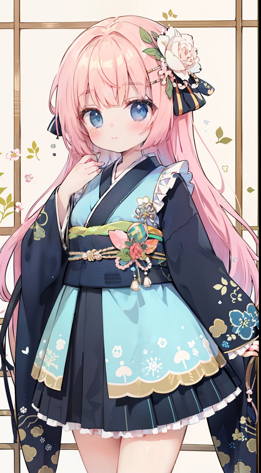 corpo inteiroesbian、standing image、cabelos rosas claros、Saia Suspensa rosa, lhos rosas claroenina com kimono, kimono design bonito 、Qualidade de imagem superior, kimono branco com rosa e azul