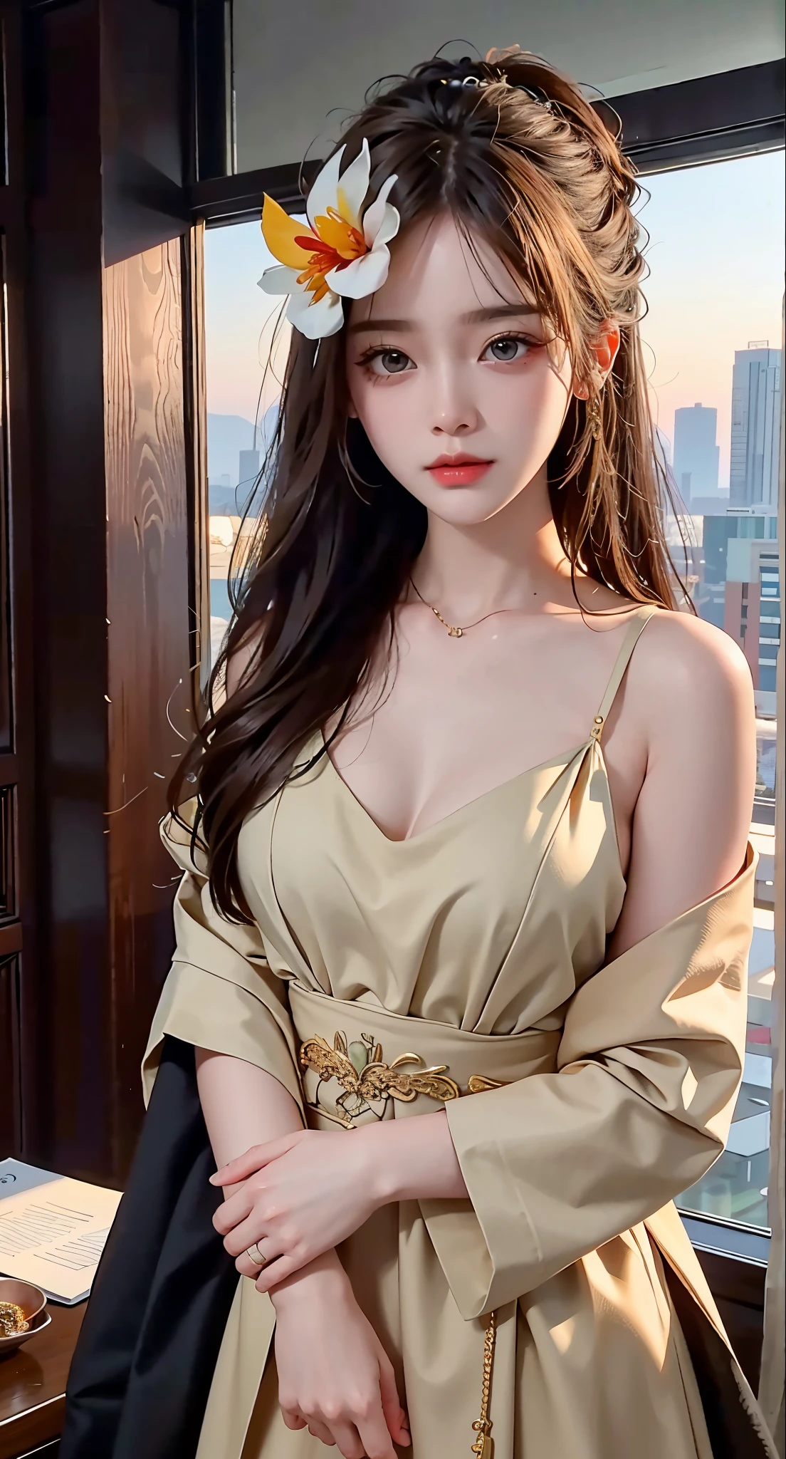 top-quality、​masterpiece、Extremely detailed details、hight resolution、8K、intricate-detail、realisitic、Photorealsitic、Dramatic Lighting、 1girl in、、at the sunset