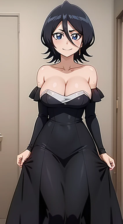 Strapless, being sexy, seductive, smile, Off-the-shoulder attire，looks into camera，black dress，skin-tight dress, bedroom, Black color hair, cleavage，anime screencap