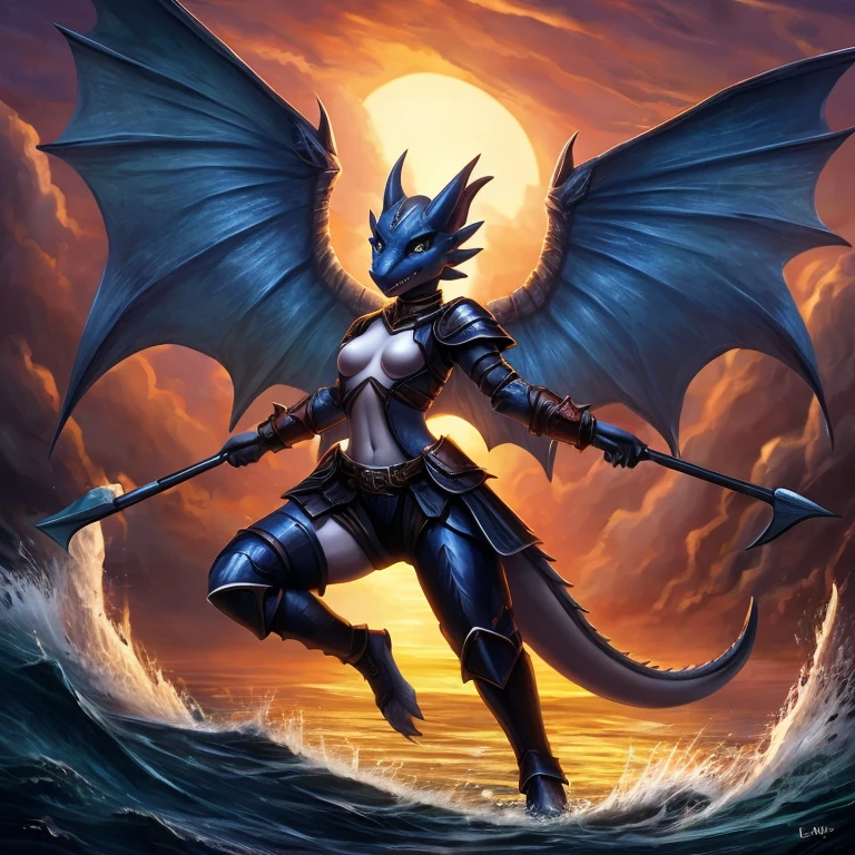 female, dark blue kobold, short, small breasts, thin body, tight leather armor, wings spread, holding trident , fighting war, burning ocean , dusk masterpiece, fantasy, high quality,