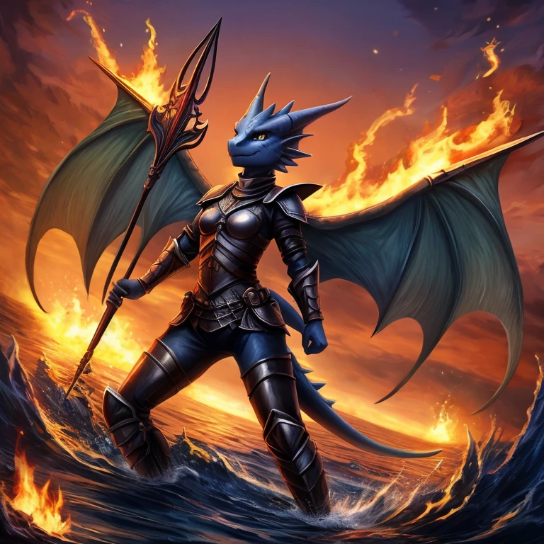 female, dark blue kobold, short, small breasts, thin body, tight leather armor, wings spread, holding trident , fighting war, burning ocean , dusk masterpiece, fantasy, high quality,