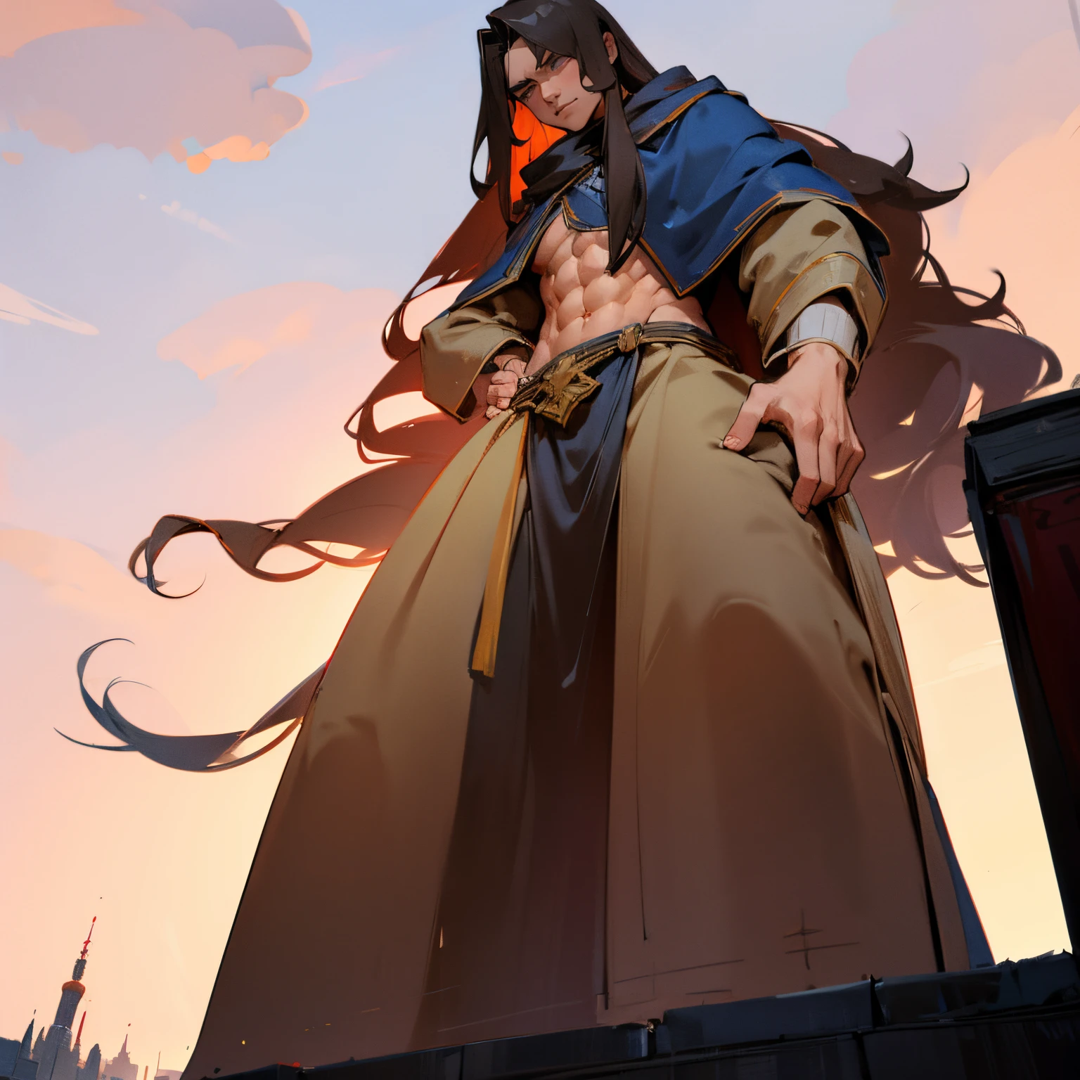 Man, long hair, abs, cloak, towering over city, giant, ((from below)), barefoot