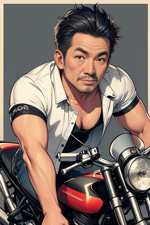 Best quality 8k，Sketch drawing、colorized pencil，Middle aged Asian man riding Harley motorcycle，Locomotive driver，Looking up，closeup cleavage，Punk background，bright。short sleeve motorcycle jacket