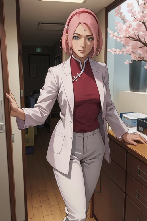 obra-prima, absurdo, (detalhes intrincados), (colorido), cinematic lighthing, papel de parede extremamente detalhado da unidade CG 8k, 1 mulher, seios muito grandes, Sakura haruno, puppy position, pov, nsfw, provocante, nervoso, envergonhado, corando, Doctor clothes(white coat and pants),working at the doctor's office.Sakura Haruno adulta