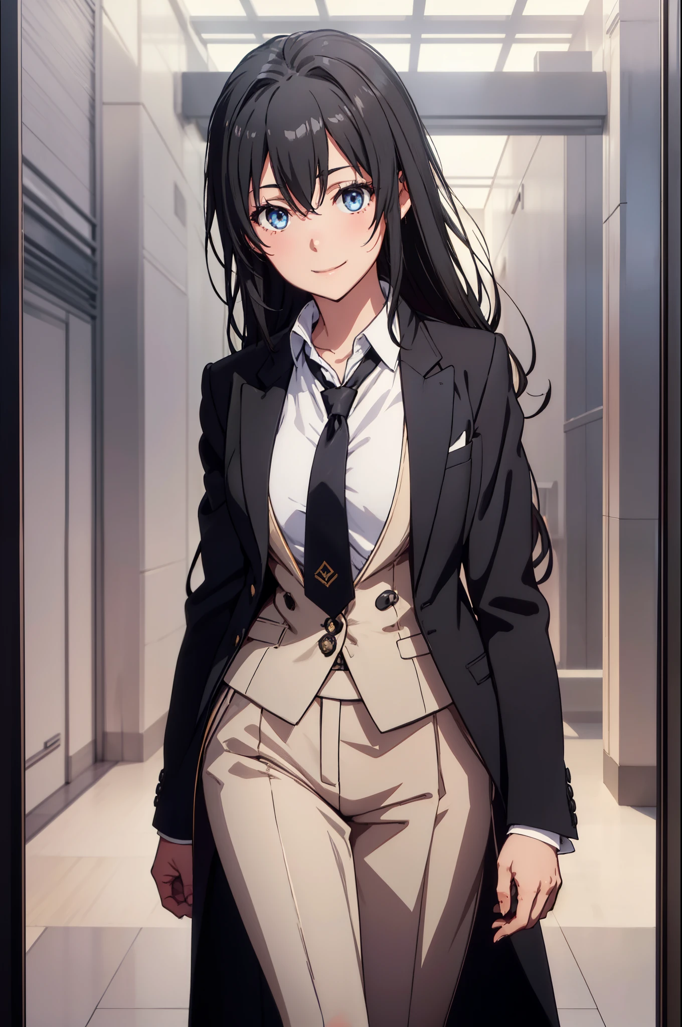 1GIRL , Yukinoshita yukino ,woman in suit tuxedo tailcoat standing in a large alcove in the room, 1girl, solo, necktie, black hair, blue eyes, long hair, smile, jacket, looking at viewer, Full body