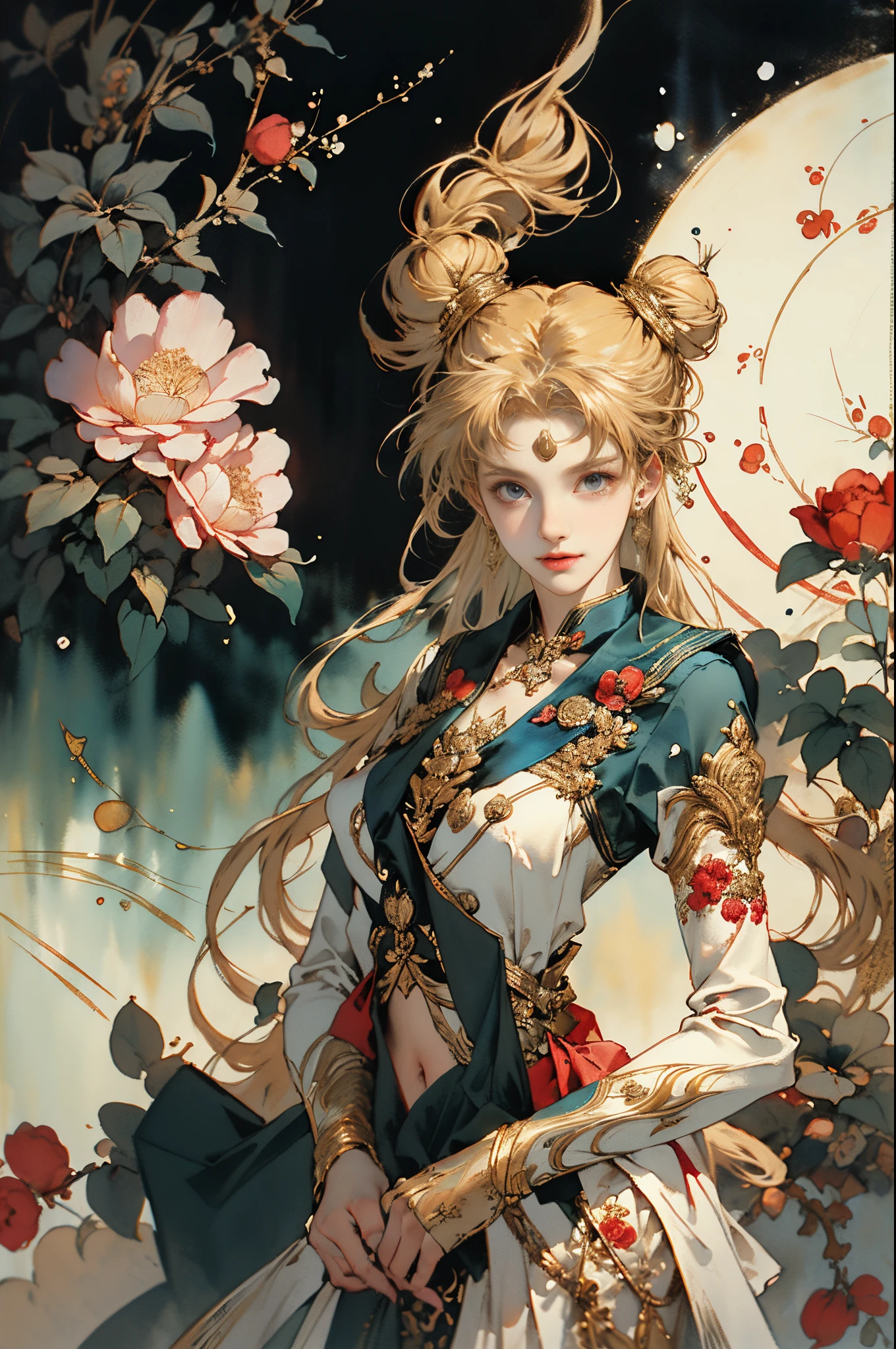 (tmasterpiece,quality,Best quality,offcial art,Beauty and aesthetics:1.2),(the sailor moon:1.6,Mariner Moon:1.6),((Long blonde hair, dual horsetail)),((Double ponytail in gold:1.6,Parted bangalls in a bun:1.4,Red round hair accessories in bun)),The content very detailed,(s fractal art:1.1),(One color:1.1)(flowers blooming:1.3),Most detailed,( tangled:1.2), (dynamicposes), (abstract backgrounds:1.3), (Chinese fabric:1.2), (Skin glows), (Lots of colors:1.4),(耳Nipple Ring:1.4),(Decorative painting:1.6,), lamplight,Ink painting and watercolor,ink,water ink,