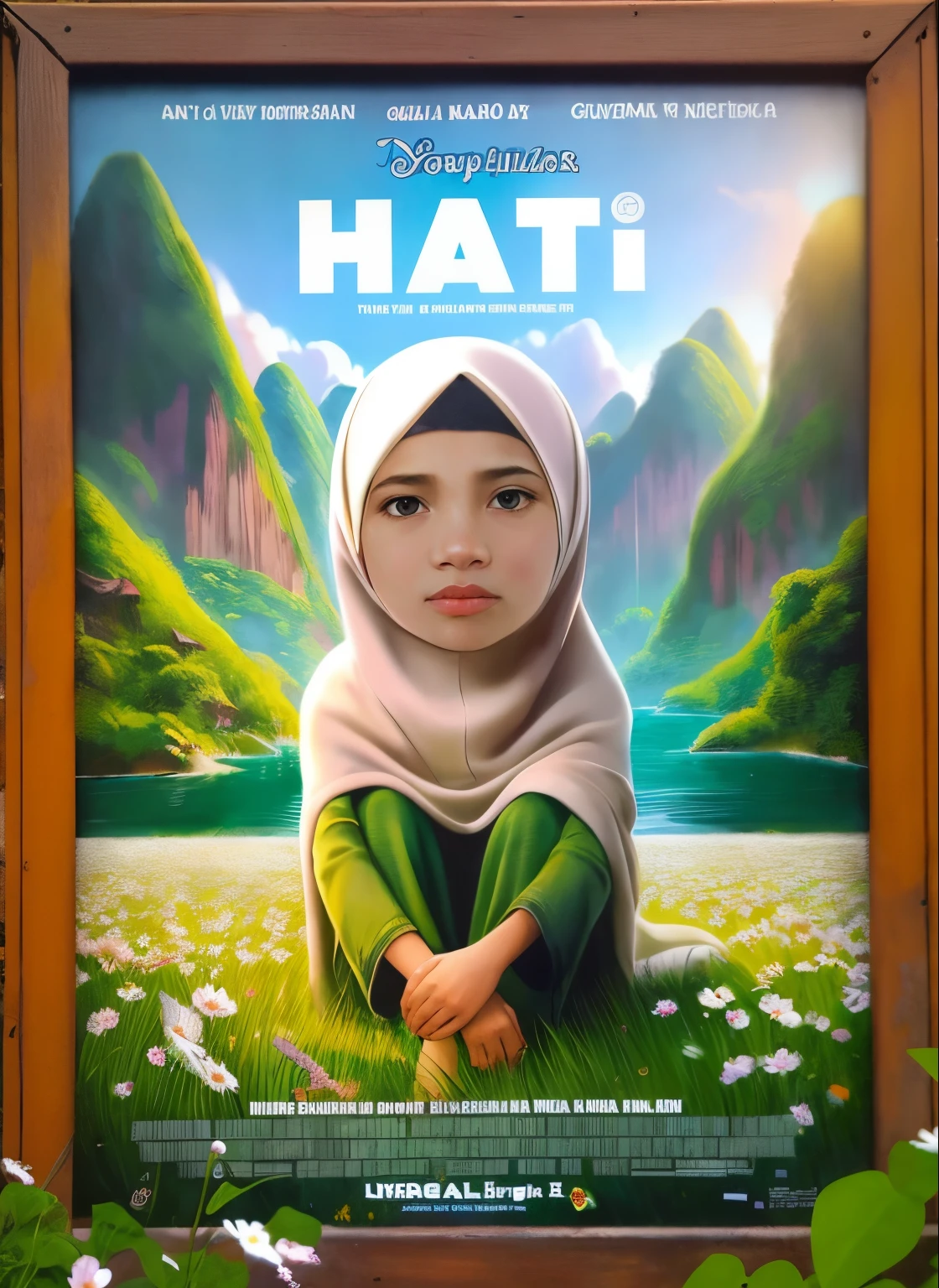 a poster of a young girl sitting in a field of flowers, movie poster character, realism artstyle, official poster, a poster, potrait, digital art!!, inspired by Fathi Hassan, close up potrait, inspired by Naza, hijab, poster illustration, art cover, full protrait, realism art, hyperrealism artstyle, made in maya and photoshop