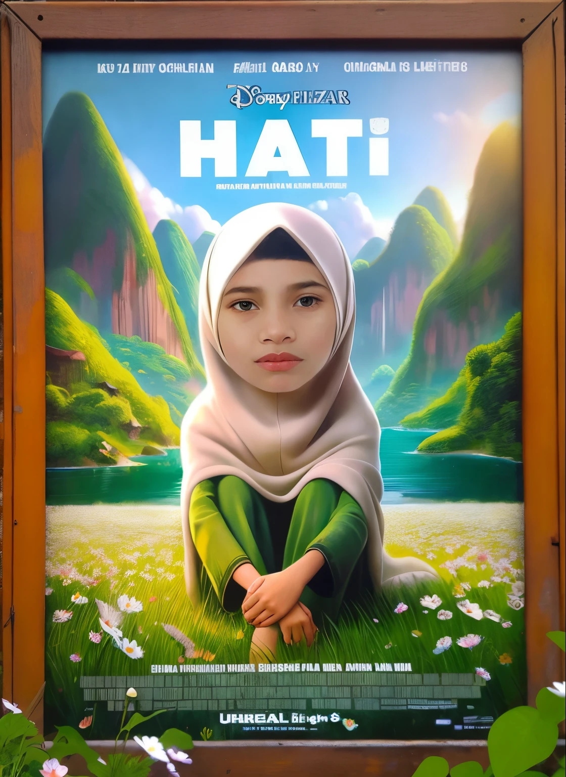 a poster of a young girl sitting in a field of flowers, movie poster character, realism artstyle, official poster, a poster, potrait, digital art!!, inspired by Fathi Hassan, close up potrait, inspired by Naza, hijab, poster illustration, art cover, full protrait, realism art, hyperrealism artstyle, made in maya and photoshop