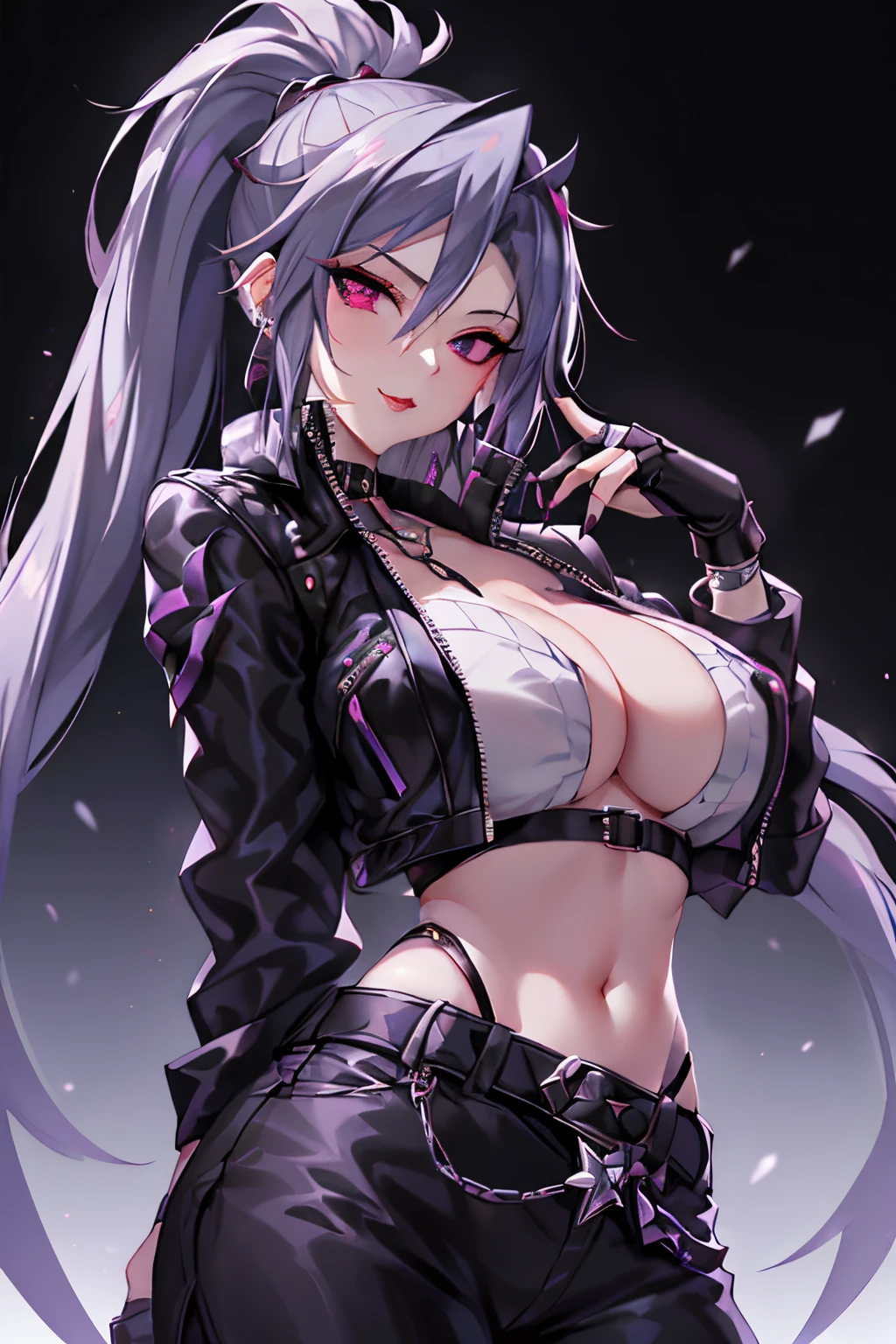 1个Giant Breast Girl,Lexedur, By bangs, Black gloves, Black collar, 鎖骨, 耳Nipple Ring, finger to mouth, Fingerless gloves, with gray hair, Raise your index finger, jaket, jewely, Redlip, lipsticks, long whitr hair, looking at viewert, cosmetics, nail polish, Open, pony tails, sportrait, ssmile, a purple eye, purple nails, Boo, own,[[actual]],(Glossy glossy skin),(tmasterpiece:1.4),(Best quality at best:1.4),humongous large breast,Redlip