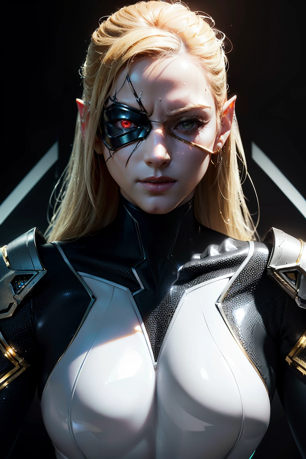 Elf, intricate perfect beauty face, detailed sharp glowing eyes, detailed face, (((half body::1))), (((beauty shape))), ((in realistic white neon-lit sci-fi mech plugsuit costume)), masterpiece, 4k, UHD (((wearing golden gauntlet with hyper realistic and detailed black))) (((Metal Gear aesthetic)))