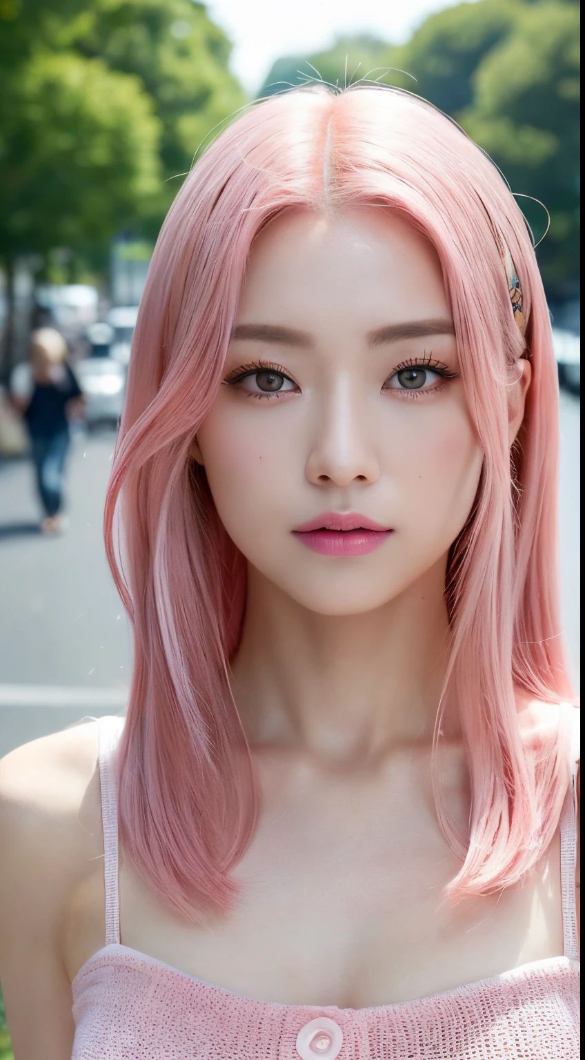 ((Top image quality、8k、masterpiece:1.3))、full bodyesbian、Focus sharpness:1.2、Beauty with outstanding style:1.4、Slender abs:1.2、((A pink-haired、huge tit:1.2))、Knitted Dresses:1.1、(neons、street:1.1)、Highly detailed facial and skin texture、A detailed eye、二重まぶた