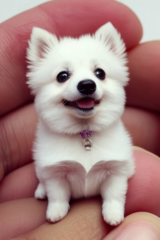Design a tiny super hiper hairy Spitz dog on a woman finger