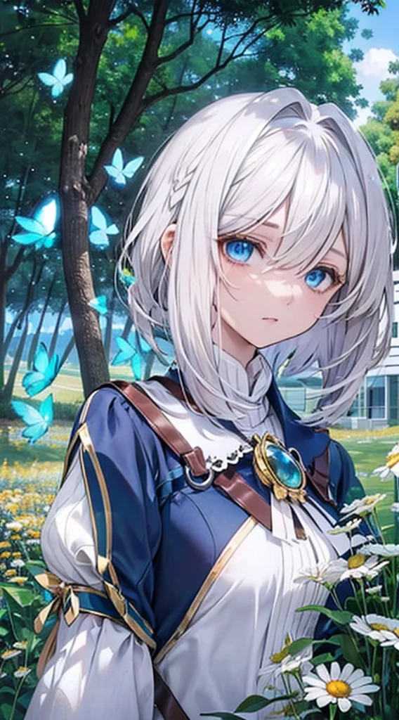 1 girl, white haired girl, messy hair, short hair, detailed face, detailed eyes, blue eyes, Long blue shirt, Chamomile fields under blue skies, blue butterflies flying, expressionless faces, Shadow effect from trees