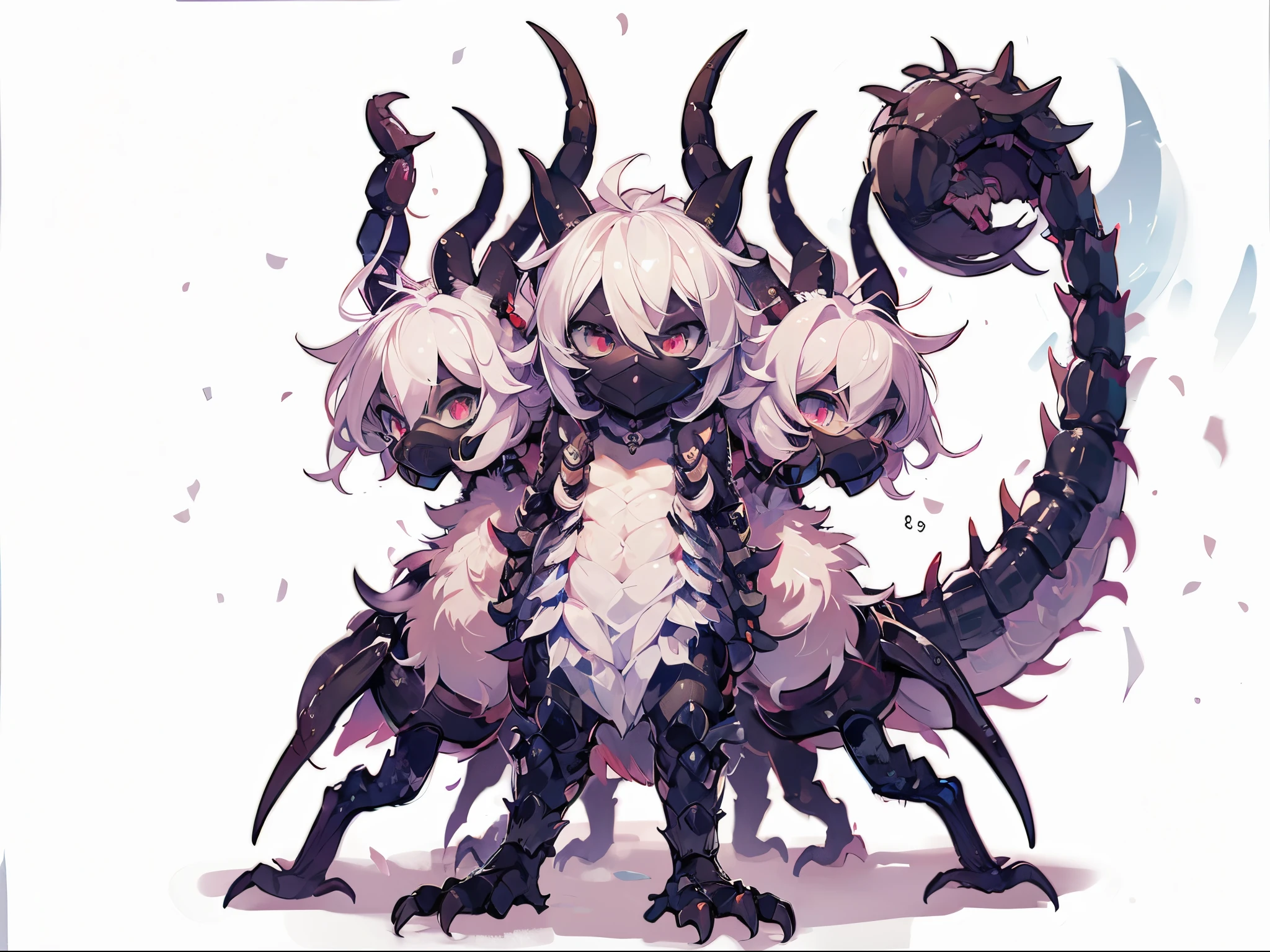 Azdahaku. Female Dragon. scorpion element. Meskemo. Black exoskeleton. Three-head. Compound. Anime style.