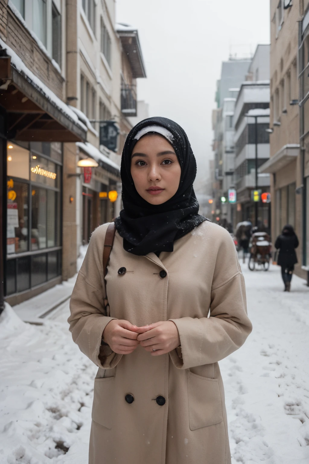 professional portrait photograph of a gorgeous Malaysian girl in hijab, sultry flirty look, gorgeous symmetrical face, cute natural makeup, wearing elegant warm winter fashion clothing, mini skrit, ((standing outside in snowy city street)), stunning modern urban environment, ultra realistic, concept art, elegant, highly detailed, intricate, sharp focus, depth of field, f/1. 8, 85mm, medium shot, mid shot, (((professionally color graded))), bright soft diffused light, (volumetric fog), trending on instagram, hdr 4k, 8k