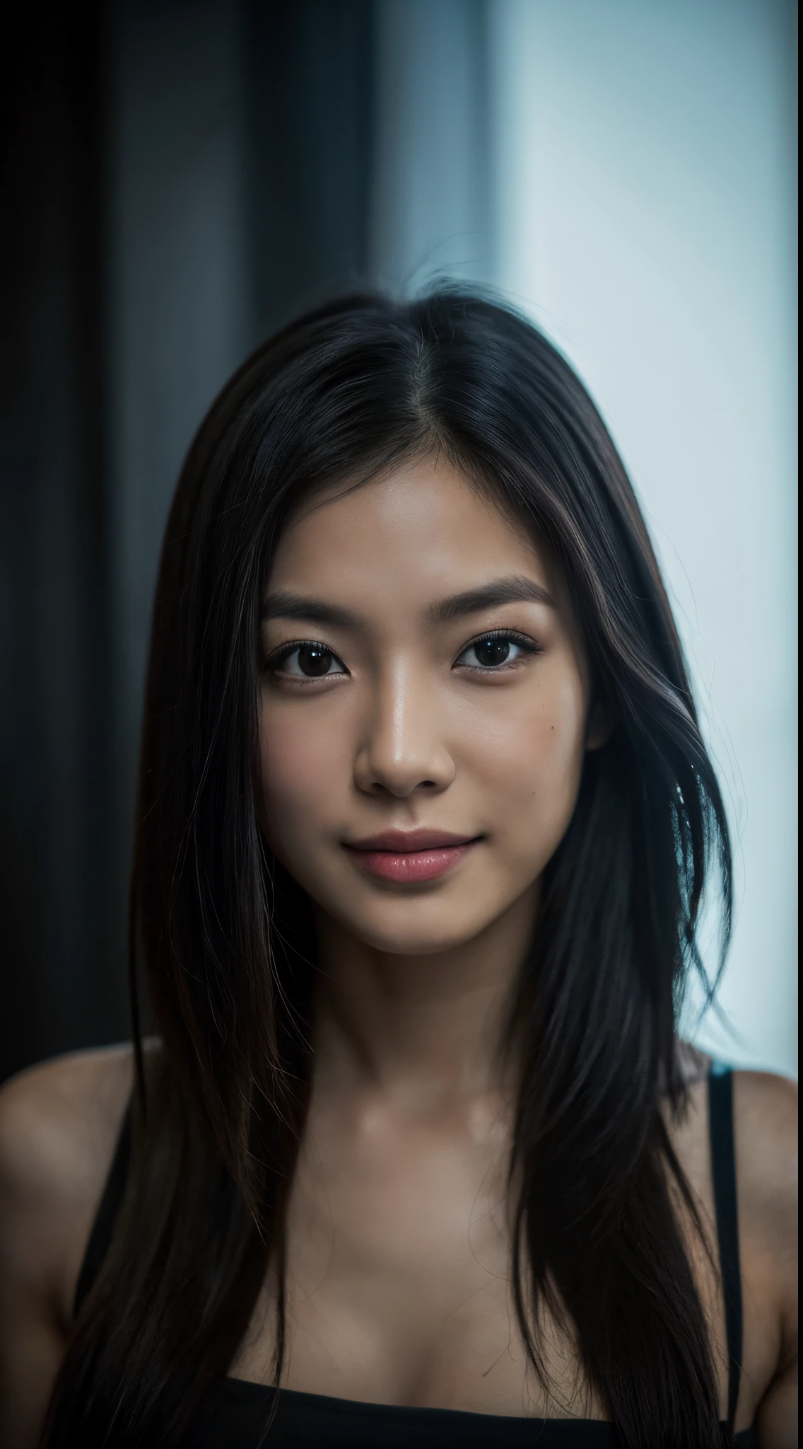 A close up of a woman with long hair and a black top - SeaArt AI