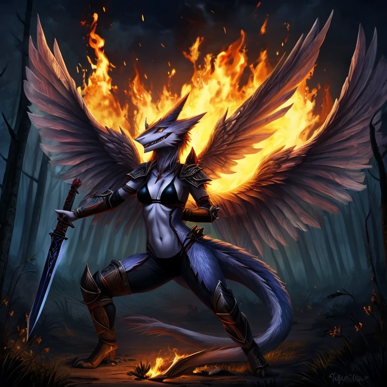 female, dark blue sergal, short, small horns, glowing eyes, small breasts, thin body, bikini armor, wings spread, demonic, succubus, holding burning sword, , fighting war, burning forest, , night, masterpiece, fantasy, high quality,
