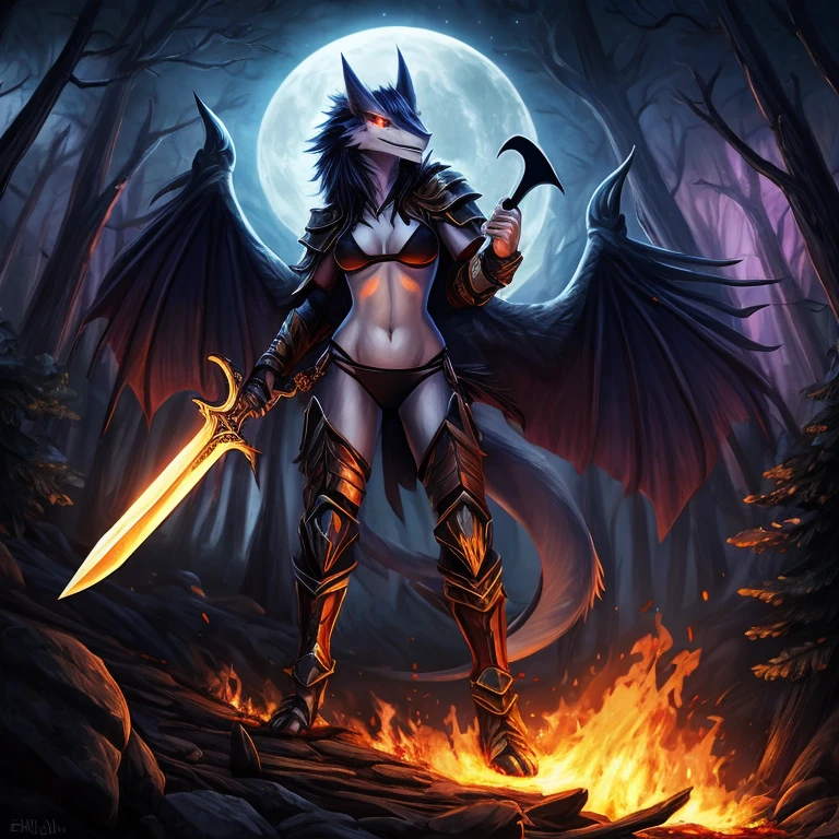 female, dark blue sergal, short, small breasts, thin body, bikini lewd armor, wings spread, demonic, succubus, holding sword, , fighting war, burning forest, , night, masterpiece, fantasy, high quality,