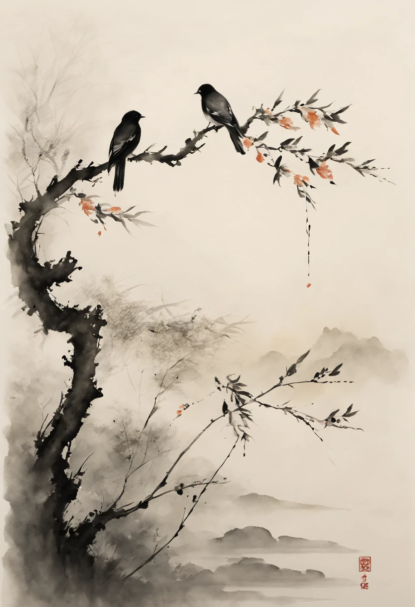 (best quality,highres,masterpiece:1.2),ultra-detailed,ink painting,Chinese style,bird on a branch,loose brushstrokes, composition,subtle textures,elegant simplicity,dynamic ink flow,expressive ink marks,black and white,eye-catching,fine details,zen-like,traditional technique,artistic interpretation,serene atmosphere,minimalist aesthetic,calming ambiance,full of symbolism,subtle gradations,harmonious balance,atmospheric perspective,peaceful tranquility,sparse background,thoughtful strokes,powerful simplicity,tranquil nature,balance of positive and negative space,graceful movement,lively brushwork,natural harmony,ethereal beauty,traditional brush and ink technique,serene representation,artistic minimalism,nature's tranquility,delicate lines,dreamlike ambiance,soothing black ink,subtle ink washes,symbolic imagery