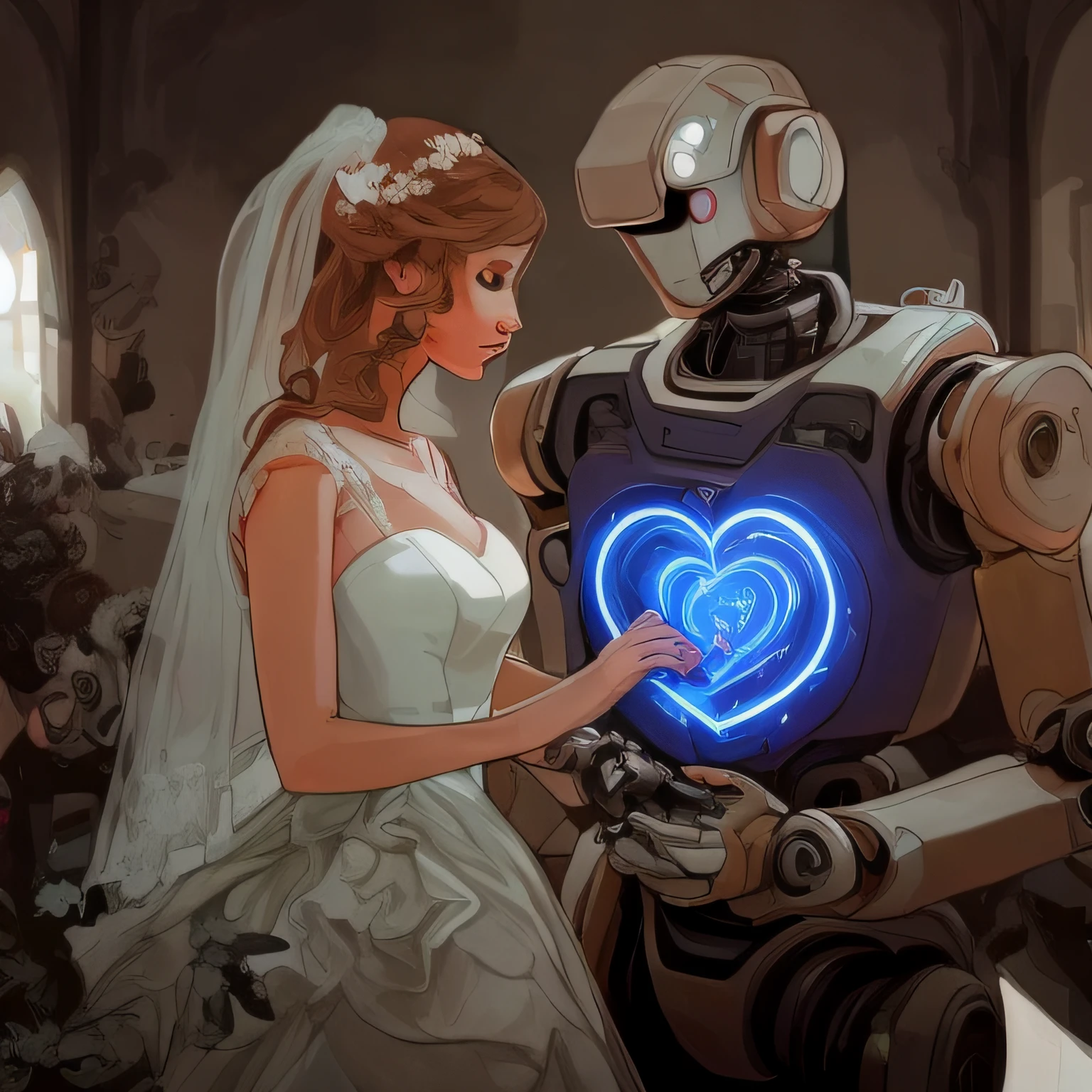 A woman in a wedding dress, Holding hands with robots, Standing face to face at a wedding. Robot represents the robot family,Woman represents humanity. (Best quality at best,4K,8K,A high resolution,tmasterpiece:1.2),ultra - detailed,(actual,realisticlying,Photorealistic:1.37),HighDynamicRange,hyper HD,Studio lighting,Ultra-fine painting,Focus sharp,physically-based renderingt,Extremely detailed description,professional,vivd colour,bokeh. The scene features beautiful artistic illustrations, depicts a concept of love. Both the woman and the robot have detailed character designs, Highlight their unique beauty. Beautiful digital artwork depicting weddings, By the talented artist Raphael Ritz (Raphael Ritz) creation.