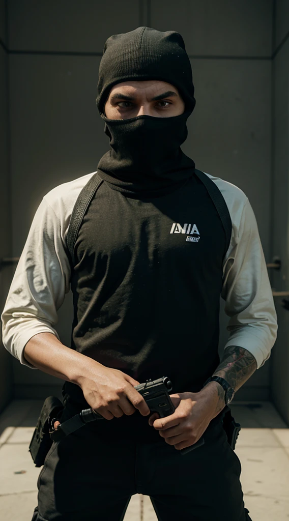 Create a Cartoon GTA V character from an illegal organization wearing a balaclava and pointing a rifle