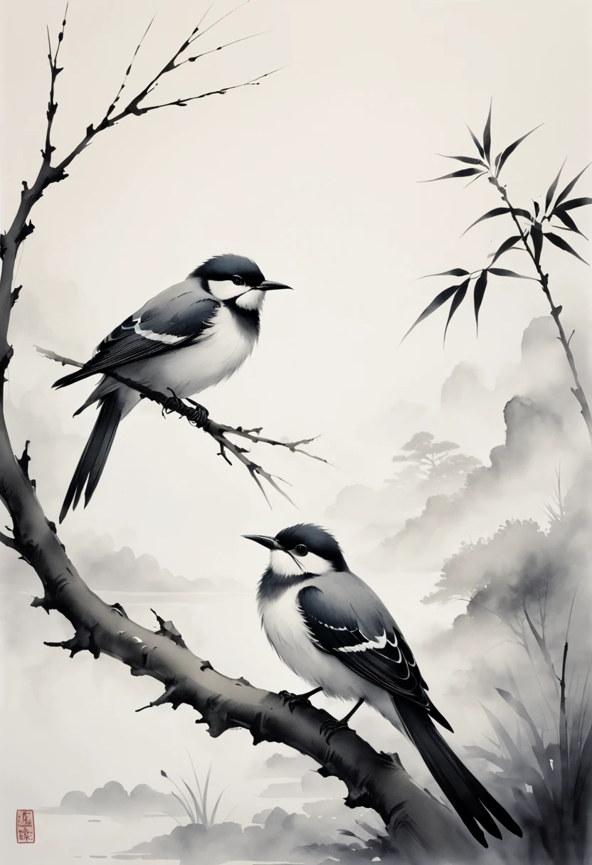 (best quality,highres,masterpiece:1.2),ultra-detailed,ink painting,Chinese style,bird on a branch,loose brushstrokes, composition,subtle textures,elegant simplicity,dynamic ink flow,expressive ink marks,black and white,eye-catching,fine details,zen-like,traditional technique,artistic interpretation,serene atmosphere,minimalist aesthetic,calming ambiance,full of symbolism,subtle gradations,harmonious balance,atmospheric perspective,peaceful tranquility,sparse background,thoughtful strokes,powerful simplicity,tranquil nature,balance of positive and negative space,graceful movement,lively brushwork,natural harmony,ethereal beauty,traditional brush and ink technique,serene representation,artistic minimalism,nature's tranquility,delicate lines,dreamlike ambiance,soothing black ink,subtle ink washes,symbolic imagery