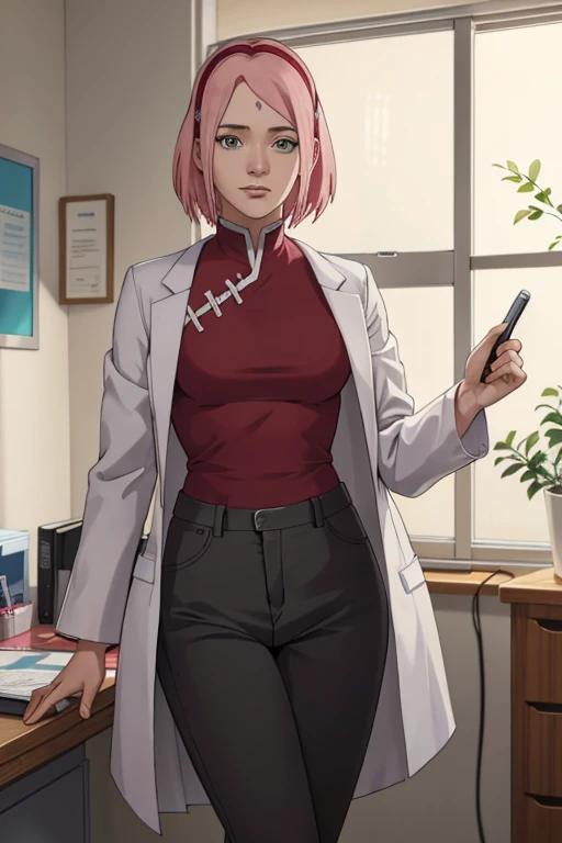 obra-prima, absurdo, (detalhes intrincados), (colorido), cinematic lighthing, papel de parede extremamente detalhado da unidade CG 8k, 1 mulher, seios muito grandes, Sakura haruno, puppy position, pov, nsfw, provocante, excitada, feliz, corando, Doctor clothes(white coat and pants),working at the doctor#39;s office.Sakura Haruno adulta,together with his daughter Uchiha Sarada, now 18 years old
