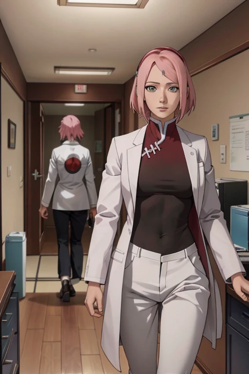 obra-prima, absurdo, (detalhes intrincados), (colorido), cinematic lighthing, papel de parede extremamente detalhado da unidade CG 8k, 1 mulher, seios muito grandes, Sakura haruno, puppy position, pov, nsfw, provocante, excitada, feliz, corando, Doctor clothes(white coat and pants),working at the doctor#39;s office.Sakura Haruno adulta,together with his daughter Uchiha Sarada, now 18 years old