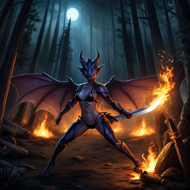 female, dark blue kobold, short, small horns, glowing eyes, small breasts, thin body, bikini armor, wings spread, demonic, succubus, holding burning sword, , fighting war, burning forest, , night, masterpiece, fantasy, high quality,
