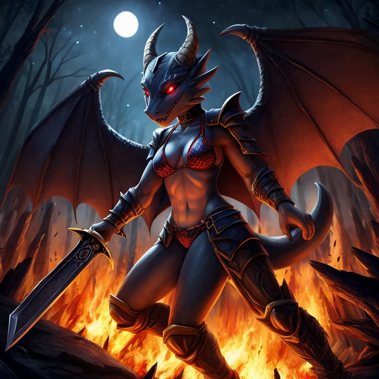 female, dark blue kobold, short, small horns, glowing eyes, small breasts, thin body, bikini armor, wings spread, demonic, succubus, holding burning sword, , fighting war, burning forest, , night, masterpiece, fantasy, high quality,