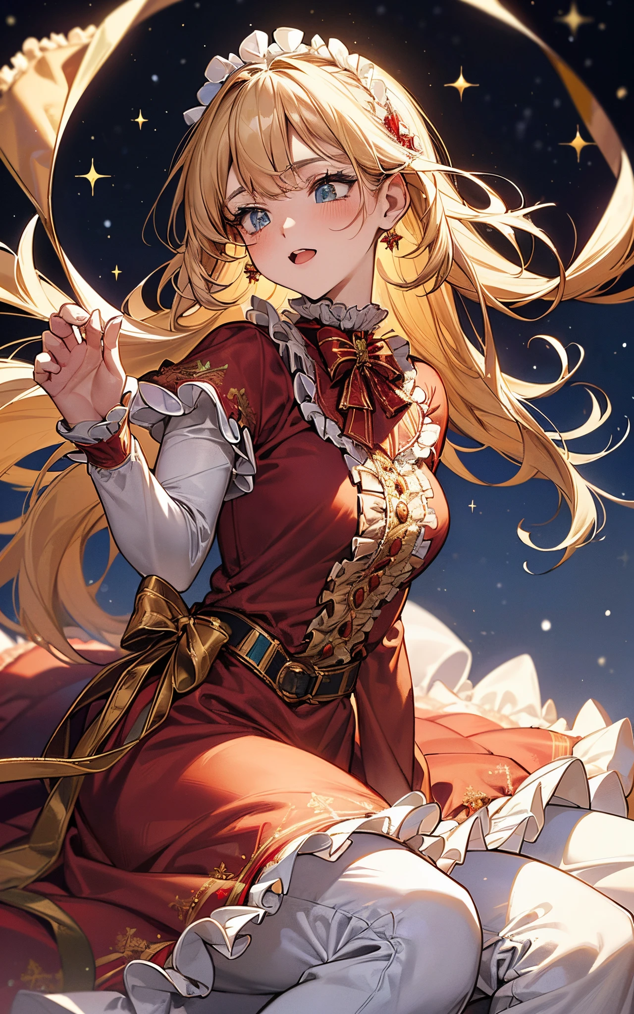 The theme is gold、Perfect human body、christmas night、(((He wore a Santa suit decorated with lots of frills.、victorian santa outfit)))、A beautiful woman landed in a snowy town、long skirt、hair adornments、kirakira、Sing a hymn loudly on a holy night