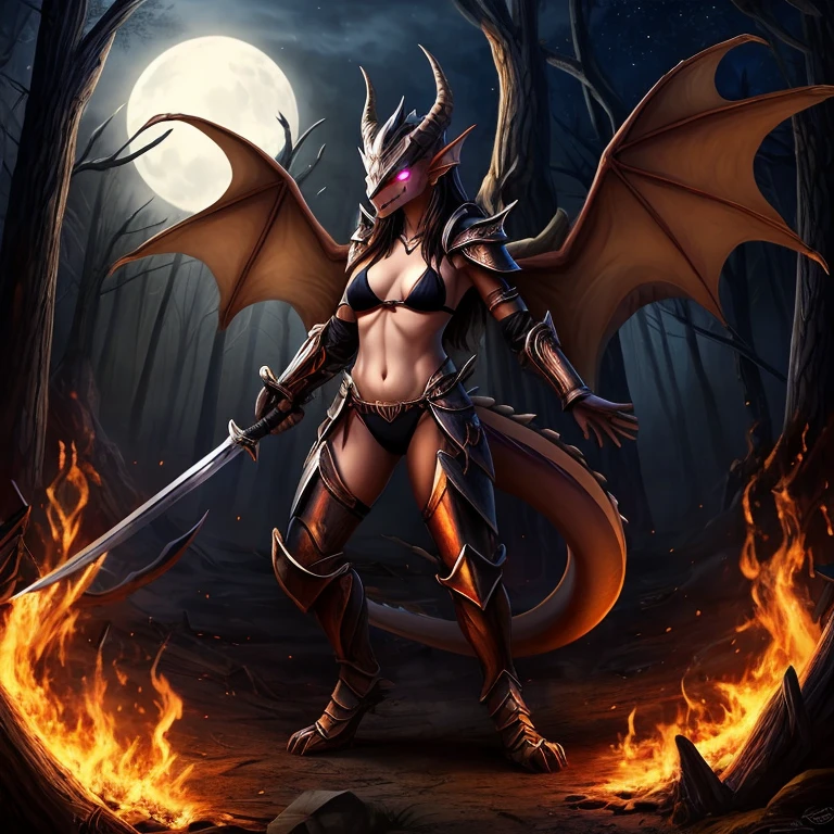 female, dragon, short, small horns, glowing eyes, small breasts, thin body, bikini armor, wings spread, demonic, succubus, holding burning sword, , fighting war, burning forest, , night, masterpiece, fantasy, high quality,