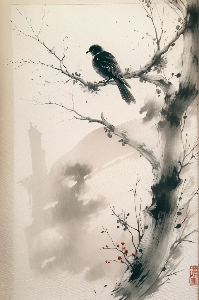(best quality,highres,masterpiece:1.2),ultra-detailed,ink painting,Chinese style,bird on a branch,loose brushstrokes, composition,subtle textures,elegant simplicity,dynamic ink flow,expressive ink marks,black and white,eye-catching,fine details,zen-like,traditional technique,artistic interpretation,serene atmosphere,minimalist aesthetic,calming ambiance,full of symbolism,subtle gradations,harmonious balance,atmospheric perspective,peaceful tranquility,sparse background,thoughtful strokes,powerful simplicity,tranquil nature,balance of positive and negative space,graceful movement,lively brushwork,natural harmony,ethereal beauty,traditional brush and ink technique,serene representation,artistic minimalism,nature's tranquility,delicate lines,dreamlike ambiance,soothing black ink,subtle ink washes,symbolic imagery
