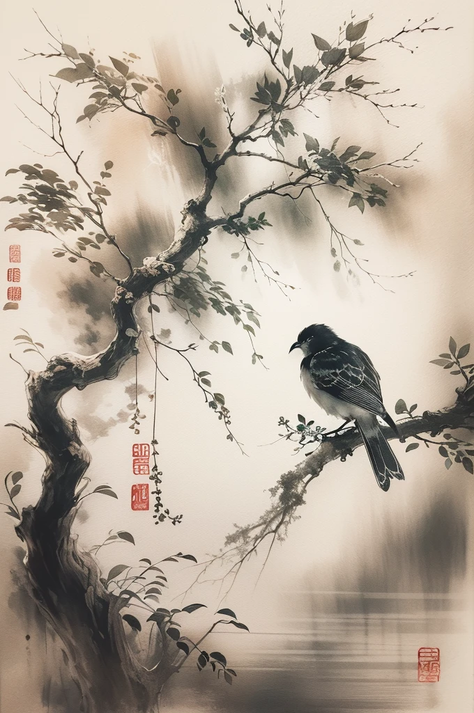 (best quality,highres,masterpiece:1.2),ultra-detailed,ink painting,Chinese style,bird on a branch,loose brushstrokes, composition,subtle textures,elegant simplicity,dynamic ink flow,expressive ink marks,black and white,eye-catching,fine details,zen-like,traditional technique,artistic interpretation,serene atmosphere,minimalist aesthetic,calming ambiance,full of symbolism,subtle gradations,harmonious balance,atmospheric perspective,peaceful tranquility,sparse background,thoughtful strokes,powerful simplicity,tranquil nature,balance of positive and negative space,graceful movement,lively brushwork,natural harmony,ethereal beauty,traditional brush and ink technique,serene representation,artistic minimalism,nature's tranquility,delicate lines,dreamlike ambiance,soothing black ink,subtle ink washes,symbolic imagery