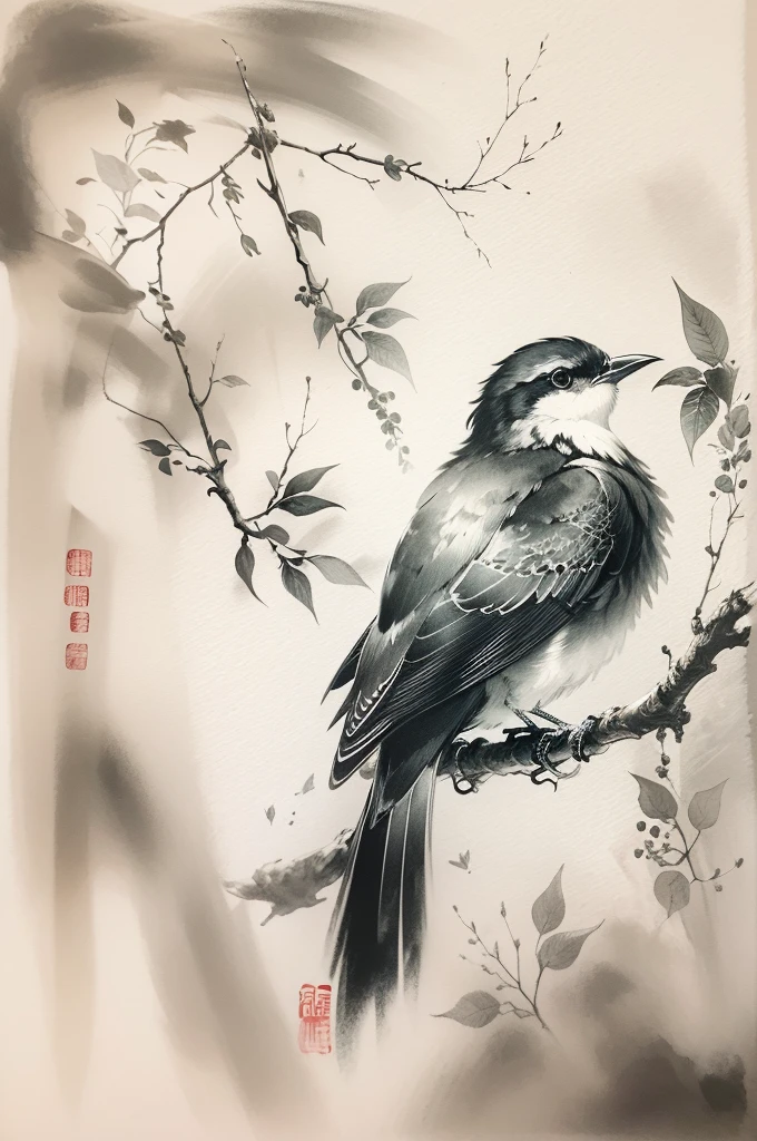 (best quality,highres,masterpiece:1.2),ultra-detailed,ink painting,Chinese style,bird on a branch,loose brushstrokes, composition,subtle textures,elegant simplicity,dynamic ink flow,expressive ink marks,black and white,eye-catching,fine details,zen-like,traditional technique,artistic interpretation,serene atmosphere,minimalist aesthetic,calming ambiance,full of symbolism,subtle gradations,harmonious balance,atmospheric perspective,peaceful tranquility,sparse background,thoughtful strokes,powerful simplicity,tranquil nature,balance of positive and negative space,graceful movement,lively brushwork,natural harmony,ethereal beauty,traditional brush and ink technique,serene representation,artistic minimalism,nature's tranquility,delicate lines,dreamlike ambiance,soothing black ink,subtle ink washes,symbolic imagery