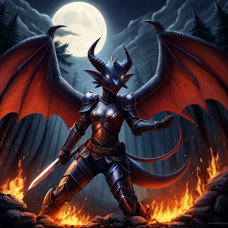 female, dark blue kobold, short, small horns, glowing eyes, small breasts, thin body, leather armor, wings spread, demonic, succubus, holding burning sword, , fighting war, burning forest, , night, masterpiece, fantasy, high quality,