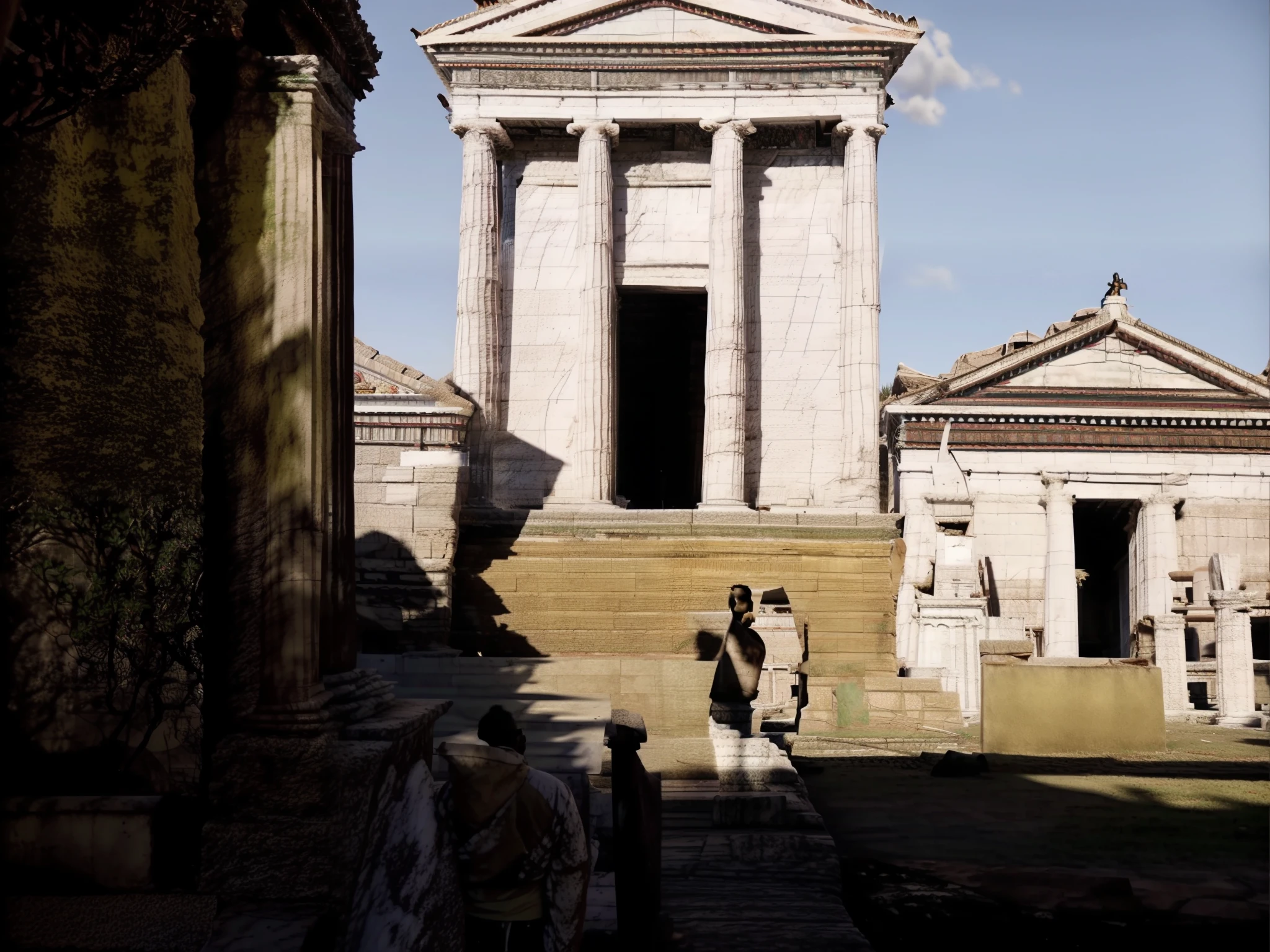 people walking in front of a building with a statue in the background, ancient temple, monolithic temple, at an ancient city, ancient greek temple, temple, greek temple, pompeii, a temple, ancient”, a mystical temple, in front of the temple, 3 4 5 3 1, nepal, on set, ellora, white stone temple ruins, tombs