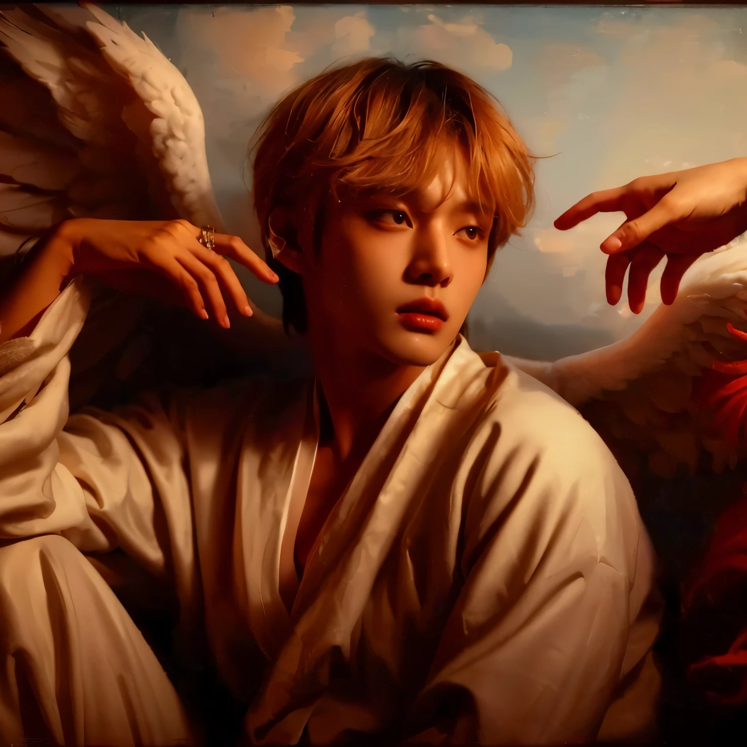 painting of a man in a white robe and angel wings, young wan angel, full of paintings of angels, Oil canvas of Lucifer, Yanjun Chengt, Artista coreano, inspirado por Yanjun Cheng, winged boy, Retrato de Kpop Idol, por Yang J, Daniel, biblical accurate angel, angelical e inquietante, Jimin\Nariz griega de, Biblically Accurate Angels