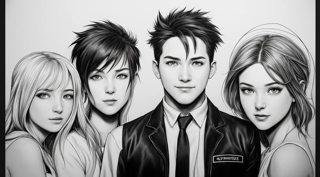 "Craft a captivating and high-quality illustration with the following distinctive features: 1. Depict a man and two women in a visually appealing minimalist drawing. 2. Ensure that the artwork stands out as an impressive fan art piece by employing a pencil painting technique to create a high-quality portrait. The drawing should showcase a hand-drawn style in a striking black and white composition. 3. Adopt a comic-style approach, skillfully intertwining elements of high-quality sketching. Infuse the illustration with contagious joy and excitement, embodied by a smiling protagonist. 4. Immerse the composition in the essence of the TV show "Boys," capturing its unique atmosphere and spirit. 5. Guarantee that the illustration exudes an epic quality, reminiscent of official and awe-inspiring promotional art. Ensure that the image radiates a distinctive and engaging sense of enthusiasm and positive energy, making it a standout piece in its own right."