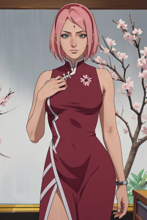 masterpiece, absurdres , (intricate details), (colorful),cinematic lighting,bust shot,extremely detailed CG unity 8k wallpaper,1girl, haruno sakura,red hairband,forehead mark,washing machine,red sleeveless dress, hand on hip, angry, pov,navel, panties, bottomless,