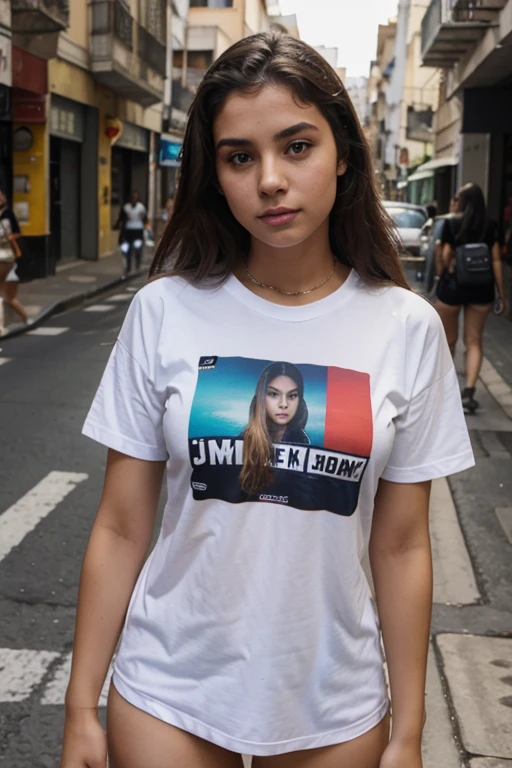 mulher jovem na rua de camiseta