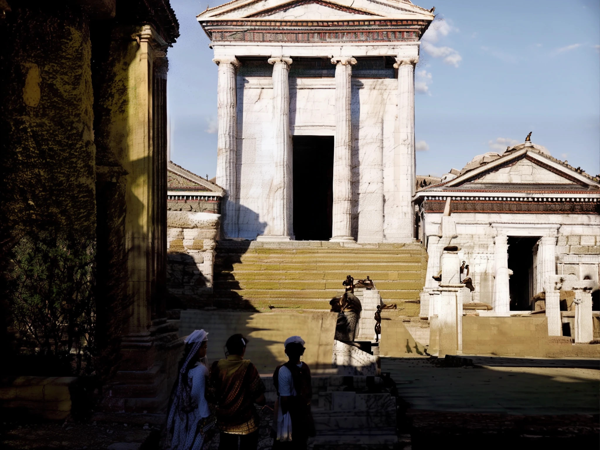 people walking in front of a building with a statue in the background, ancient temple, monolithic temple, at an ancient city, ancient greek temple, temple, greek temple, pompeii, a temple, ancient”, a mystical temple, in front of the temple, 3 4 5 3 1, nepal, on set, ellora, white stone temple ruins, tombs