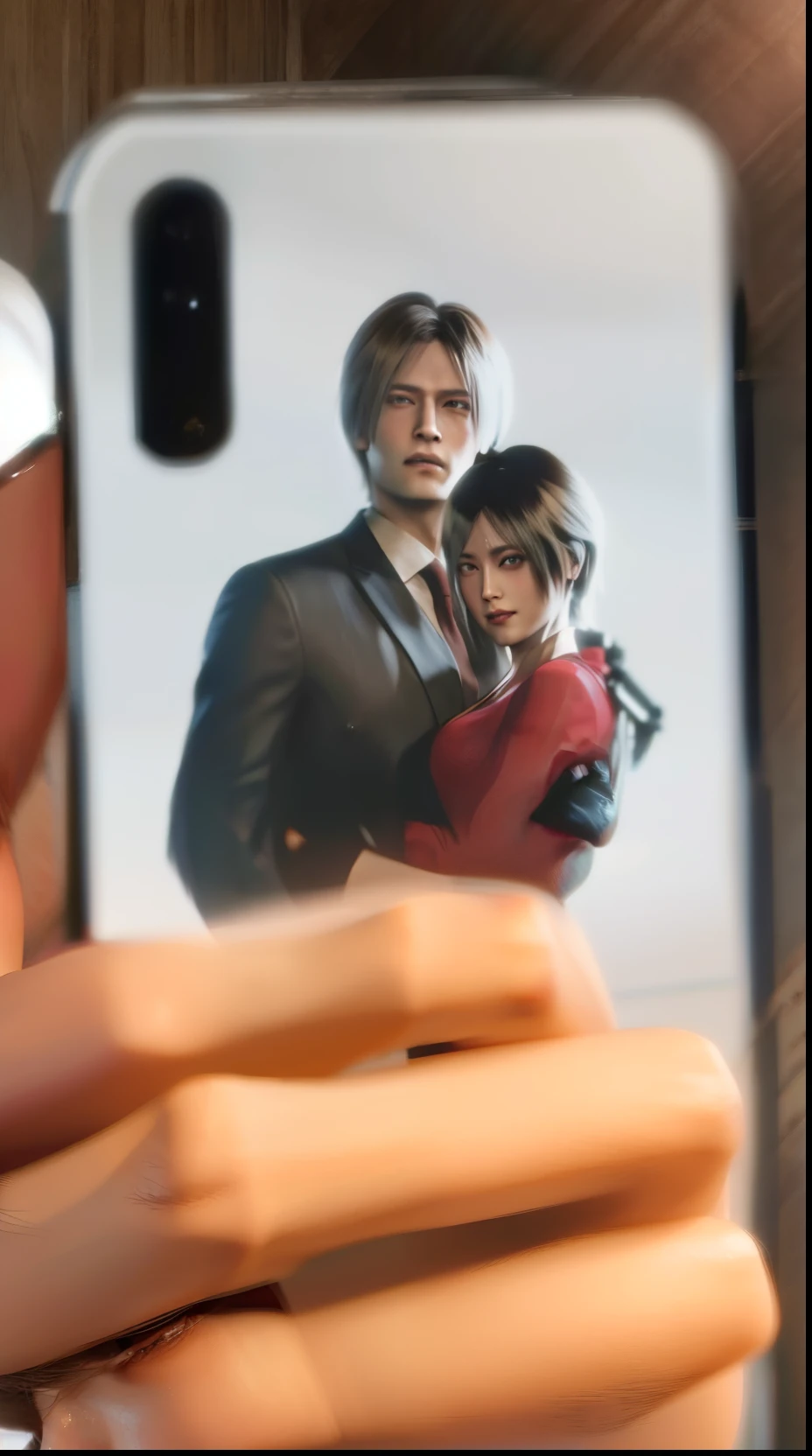 Man and woman, ada wong and Leon Scott kennedy, wearing blue tuxedo and red dress, smile