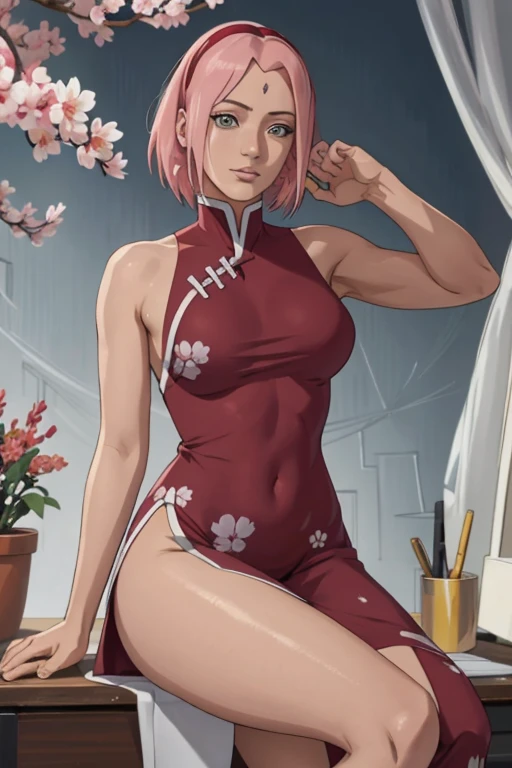 1girl, Sakura haruno, showing big ass, thick, half naked,forest background.