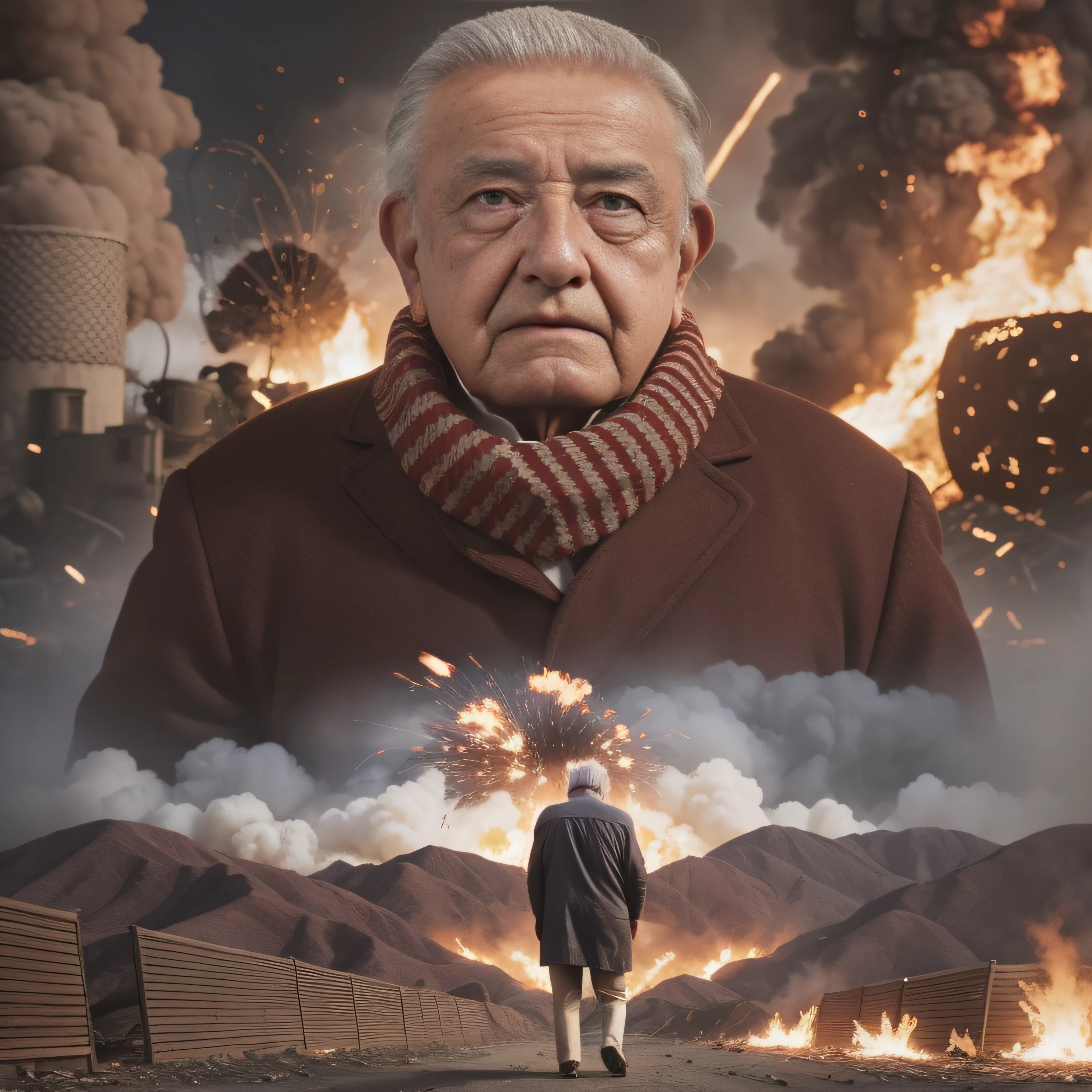 70 years, Old man in a drama movie scene with explosions and fire, ropa negra, rostros detallados y expresivos, mexico"