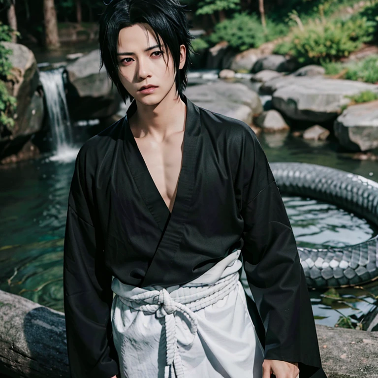 1boy, Sasuke, Sasuke Uchiha, spiked black hair, red sharingan eyes, wearing white shirt, big snake wrapped around sasuke, waterfall, absurdres, high res, ultrasharp, 8K, masterpiece, looking at viewer, realistic anime, mangekyo sharingan eyes,